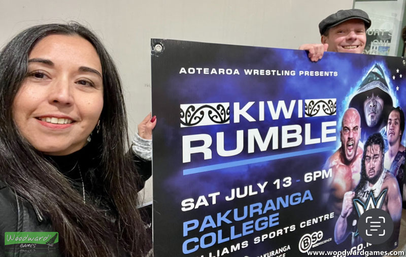 Ange and Rob (Woodward Games) at the Aotearoa Wrestling Kiwi Rumble event in Auckland, New Zealand