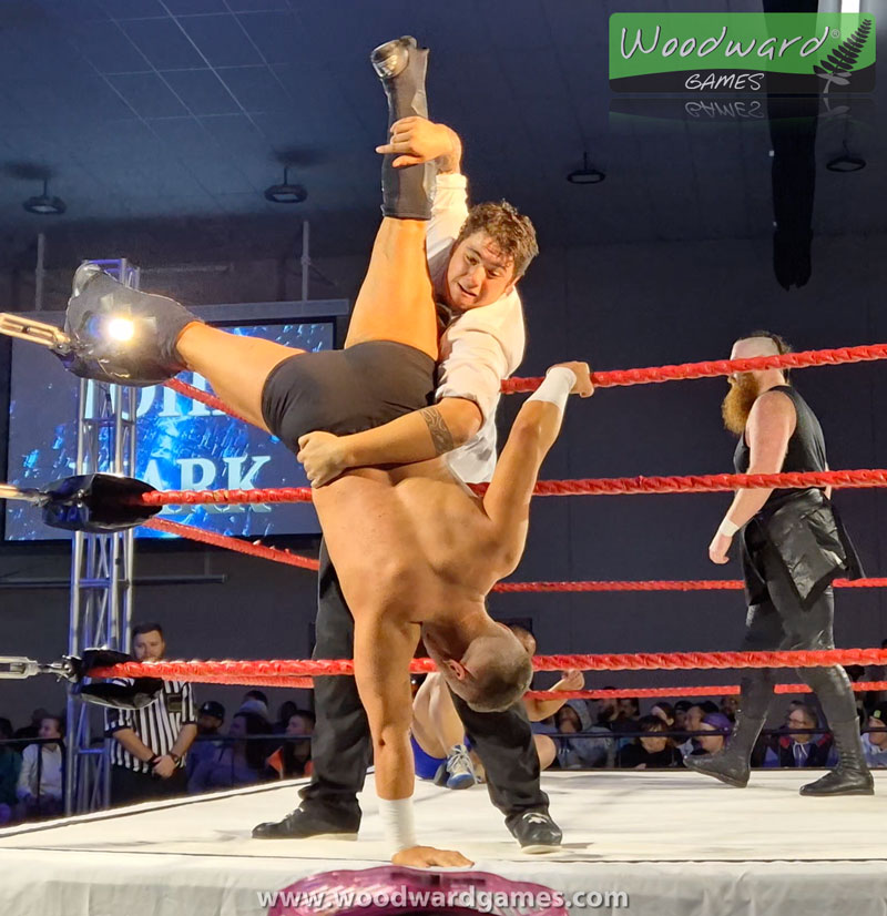 Being thrown out of the ring during the Kiwi Rumble - Aotearoa Wrestling - Woodward Games in New Zealand