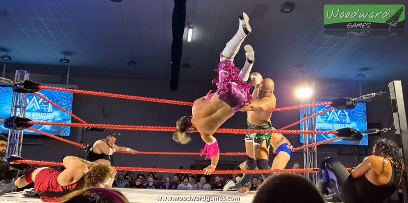 Maori Wrestler Henare throwing someone out of the ring during the Kiwi Rumble - Aotearoa Wrestling - Wrestling in NZ - Woodward Games