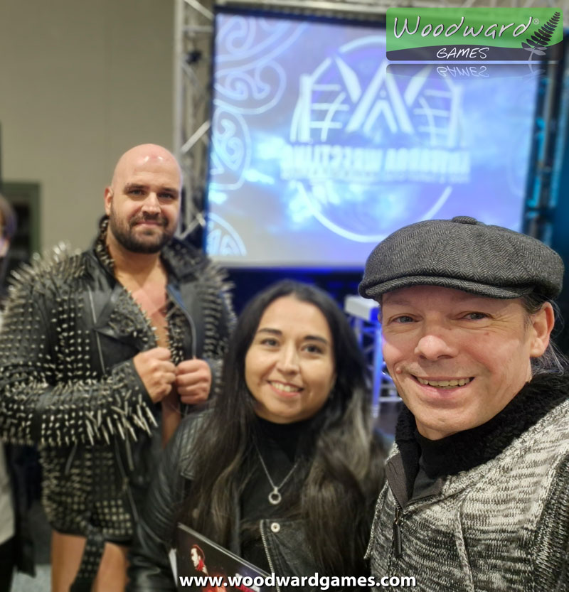 NZ Wrestler Michael Richards with Rob and Ange (Woodward Games) at Kiwi Rumble - Aotearoa Wrestling