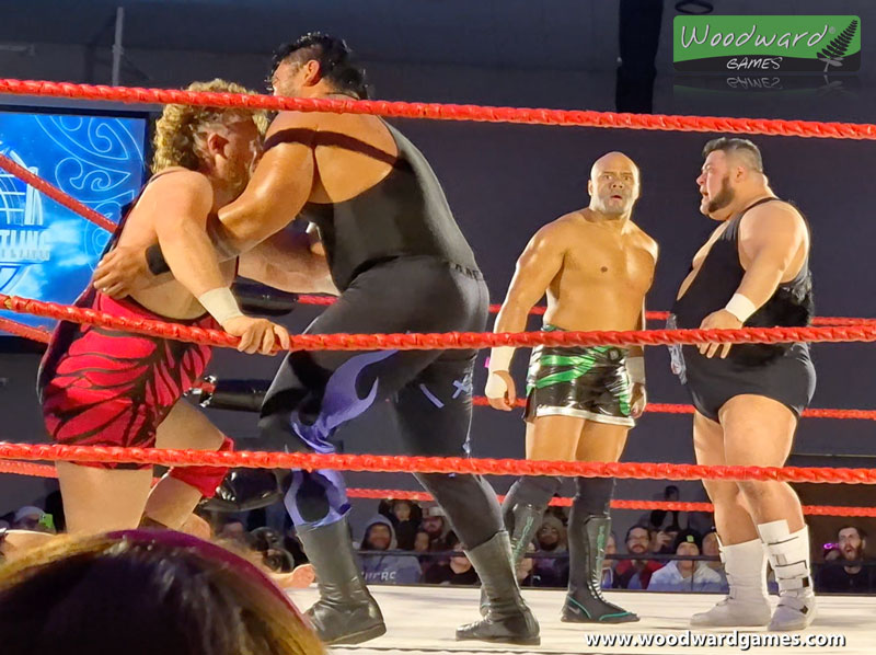 Wrestlers Pat Schisk, Jaime Tagataese, Henare and Jayrilla in action - Aotearoa Wrestling Kiwi Rumble - Woodward Games