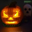 LEGO Halloween pumpkin with glowing light and ghost in the background - Jack-o'-lantern in Lego by Woodward Games